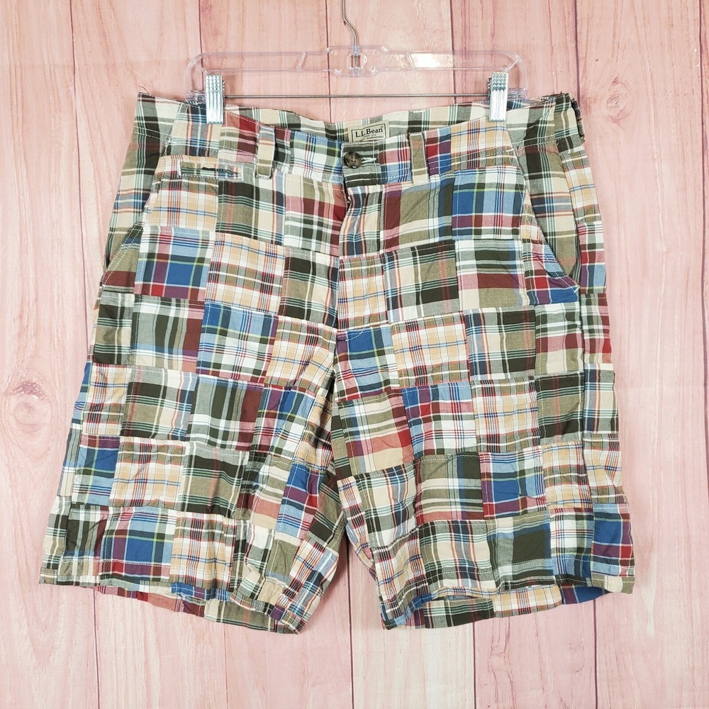 LL Bean Mens Patchwork Shorts Sz 35 Plaid Patches